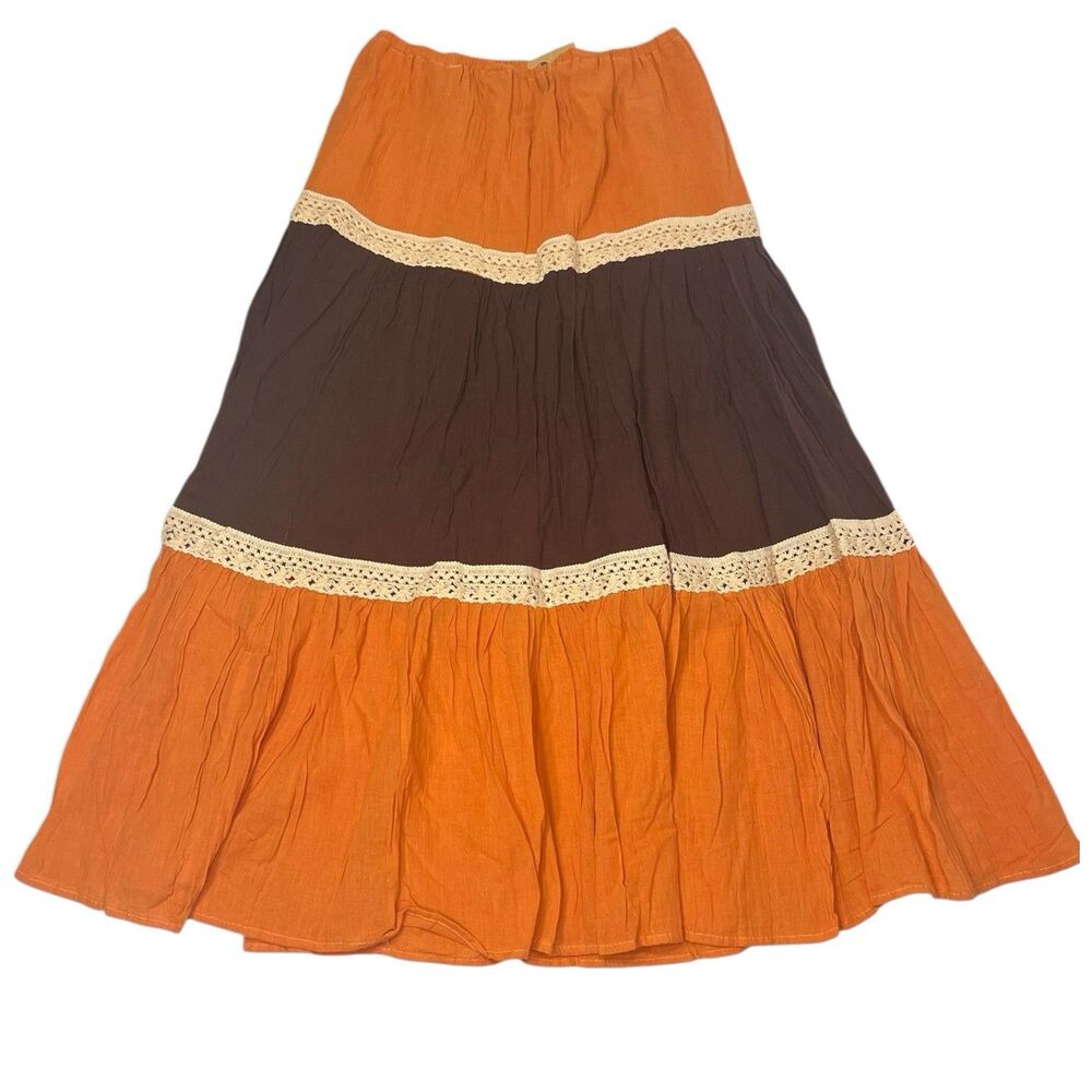 NWT Y2K Boho Tiered Maxi Skirt XS Orange Brown Crochet Festival Rare Dreamy